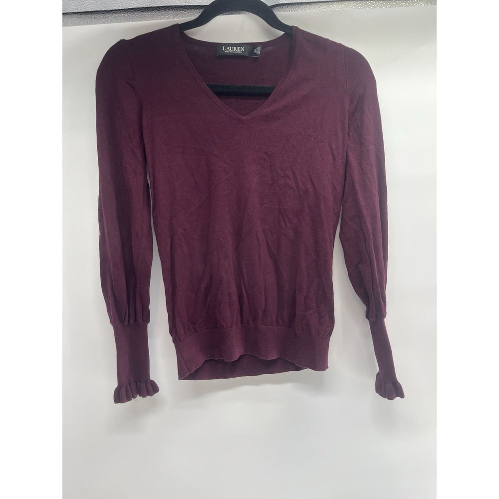 Lauren Ralph Lauren Maroon‎ V Neck Sweater With Gold Buttons On Sleeve XS NWT